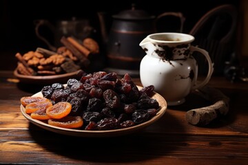 A rustic wooden table displaying a variety of dried fruits, nuts, and a traditional ceramic jug in a warm, inviting setting