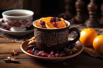 Warm cup of spiced fruit tea with dried cranberries and orange slices on a rustic wooden table during cozy afternoon gathering at home