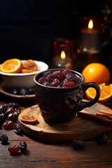 Warm spiced drink with dried fruits and citrus served in a rustic mug on a wooden table in a cozy setting during winter evening