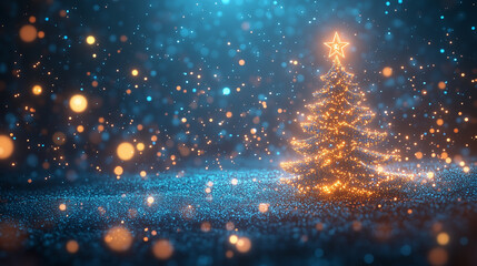Obraz premium 3D Christmas tree with a glowing star on a blue background, an illustration of a digital and Christmas concept. Glowing particles in the air. Shiny dots flying around. Blue festive