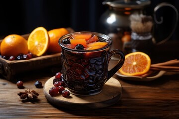 Warm spiced fruit drink served in a rustic mug with oranges and berries on a wooden table during a cozy evening gathering