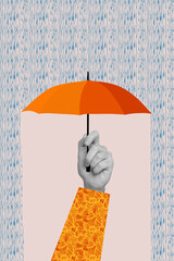 Vertical photo collage of hand hold orange umbrella rainstorm shower protection water cyclone...