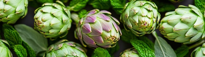 Artichoke Flower Buds Pattern, vibrant green and purple artichoke flower buds arranged in a top view pattern, minimalist background enhances the natural beauty and detail.