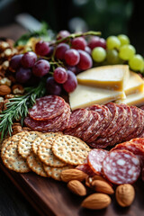 Cheese and Salami,  A beautifully arranged gourmet cheese board featuring slices of salami, fresh grapes, crunchy crackers, and assorted nuts for a delightful snack