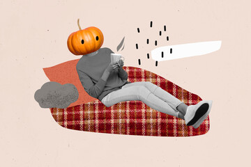 Composite trend artwork sketch photo collage of incognito headless pumpkin person sit home hold hot...