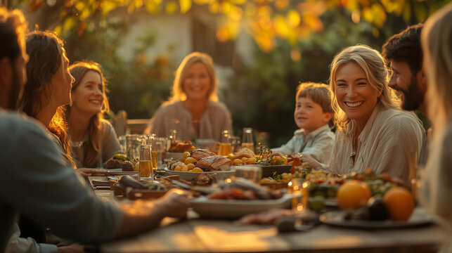 A family gathering at home, with people of all ages sitting around the table, laughing and enjoying each other's company over dinner