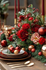 Festive Table Setting,  A beautifully arranged table for a festive event, showcasing seasonal flowers, greenery, and decorative ornaments for an elegant atmosphere