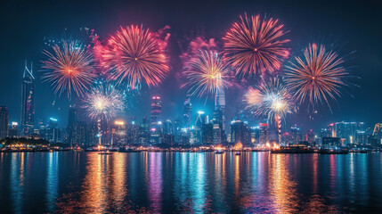 Fireworks Cityscape,  A vibrant city skyline illuminated by colorful fireworks exploding in the night sky, capturing the festive atmosphere of a celebration