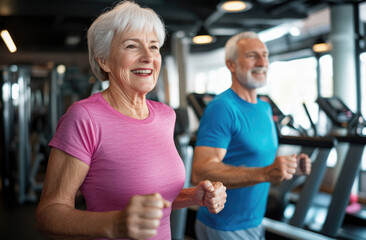 an elderly woman and man smiling while running on the treadmill in a fitness center, wearing a pink T-shirt and a blue sleeveless shirt with white hair.