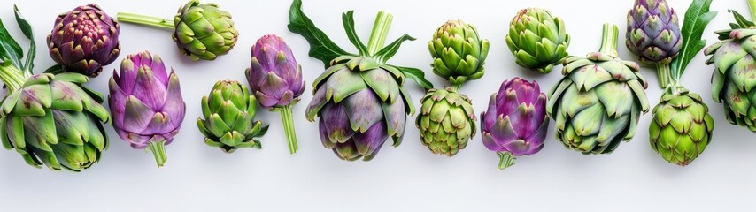 Obraz premium Artichoke Flower Buds Pattern, vibrant green and purple buds arranged in a striking pattern, minimalist backdrop enhances the beauty, clean lines create a serene ambiance