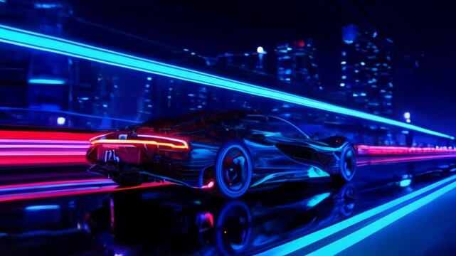 Futuristic sport car, non existent design, car race, defocused city in background,