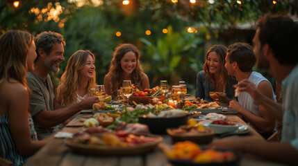 A family gathering at home, with people of all ages sitting around the table, laughing and enjoying each other's company over dinner