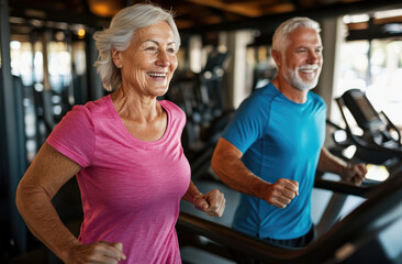 an elderly woman and man smiling while running on the treadmill in a fitness center, wearing a pink T-shirt and a blue sleeveless shirt with white hair.