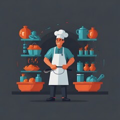 Minimalist UI illustration of cook in a flat illustration style on a white background with bright Color scheme, dribbble, flat vector