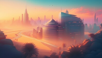 city view with skylines at sunset drawing style 