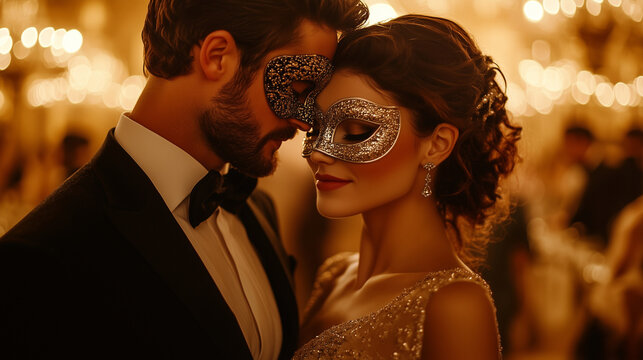 A couple wearing elegant masks at an opulent masquerade ball, surrounded by a beautifully decorated hall with chandeliers and guests in formal attire
