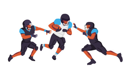 A running back evades two defenders while advancing with the football in an intense moment of the game. Vector illustration