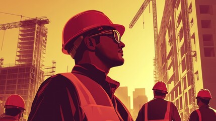 Obraz premium Construction Worker Looking at a Building Under Construction