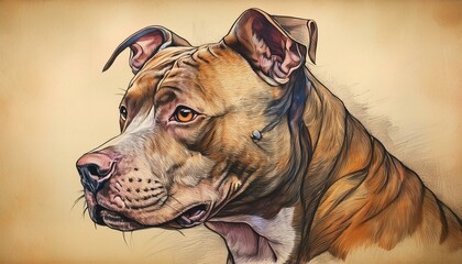 Retro abstract portrait of a pitbull pencil drawing, profile view.