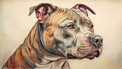 Retro abstract portrait of a pitbull pencil drawing, profile view.