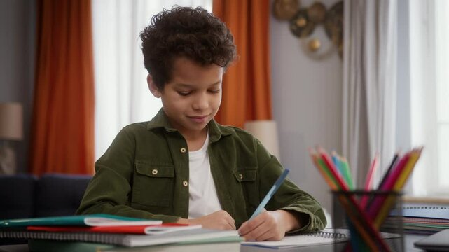 African American little child boy son kid pupil schoolboy sitting table home homework writing task write education study learning distant studying learn knowledge family smiling at camera happy smile