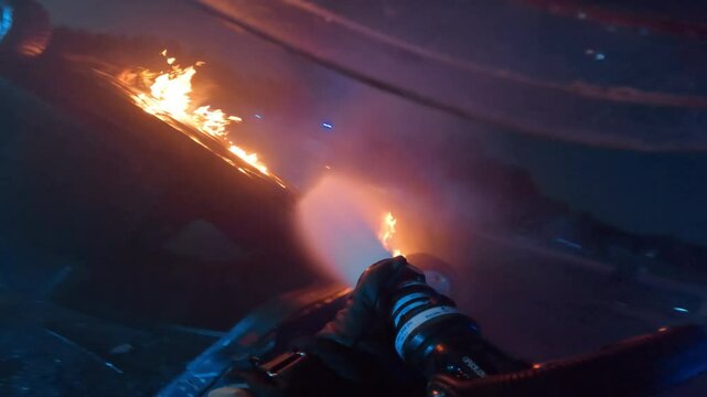 Firefighter's POV During an Emergency at Night: First Responder Combating a Rolled Vehicle with Blazing Fire. Action Footage with a Brave Fireman Using Water Jet to Pierce Through Smoke and Flames