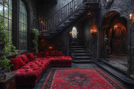 Halloween gothic charm in a dark living room with plush seating and a cozy fireplace, perfect for themed gatherings and seasonal decorations with copy space.