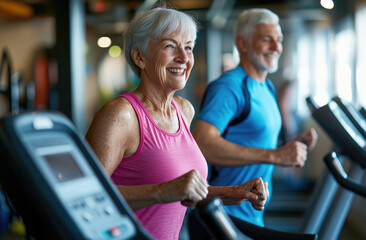 an elderly woman and man smiling while running on the treadmill in a fitness center, wearing a pink T-shirt and a blue sleeveless shirt with white hair.