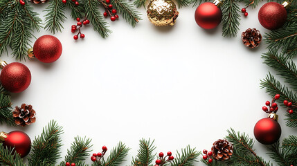 Christmas background with white space for text, decorated frame made of Christmas tree branches and red golden ornaments on an isolated white background, flat lay top view.