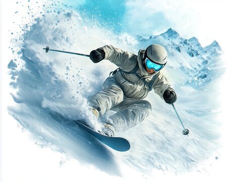 Dynamic skier performs an exhilarating run down snowy slopes, showcasing winter sports excitement and adventure.