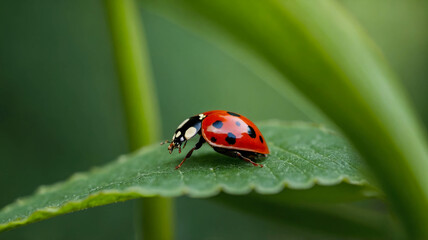 Obraz premium A bright red ladybug on a green leaf covered with dew drops