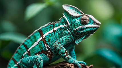 Fototapeta premium A vibrant turquoise chameleon with detailed scales, set against a green natural backdrop