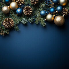Christmas background with gold and blue decorations on a dark blue surface, with pine branches in the top left corner. Flat lay composition for a Christmas card design.