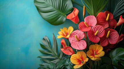 Fototapeta premium Tropical Flower Arrangement, A vibrant tropical flower arrangement set against a turquoise background, perfect for brightening up any space or occasion