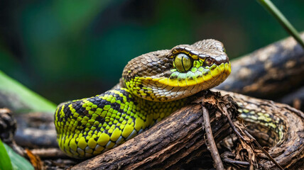 A close-up of a brightly colored pit viper with vivid orange eyes