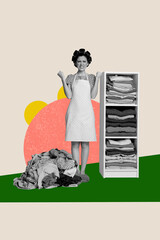 Vertical photo collage of angry irritated housemaid perfectionist stand pile clothes household...