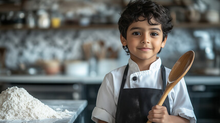 Close-up portrait of a Hispanic boy in a chef apron, holding a wooden spoon, standing in a kitchen with flour on the counter, copy space on the left
