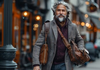 Joyful man in his fifties walks through a charming, illuminated street carrying bags on a festive evening