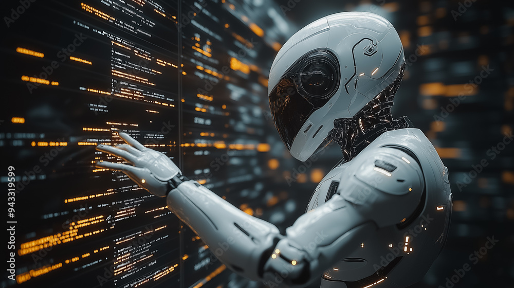 Poster a robot is pointing at a computer screen with a white helmet on. the robot is white and has a black 