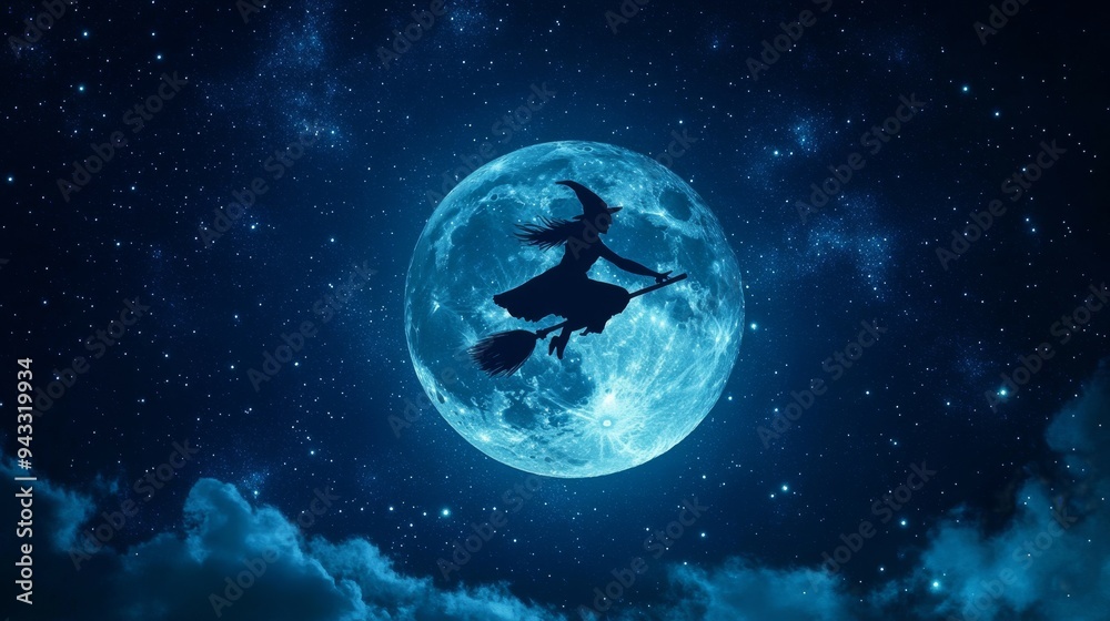 Wall mural a witch flying on a broomstick across a full moon