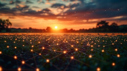 A sunset casts a warm glow over a field, illuminating an intricate network of glowing energy connections on the ground.