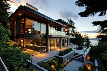 Fototapeta premium Grand Residence: A Modern Villa with Spacious Yard, Terrace, and Garage Design