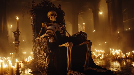 22. A skeleton sitting on a throne made of bones, with candles flickering around it