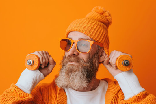 Fitness instructor leads high-energy workout with equipment on bright orange backdrop