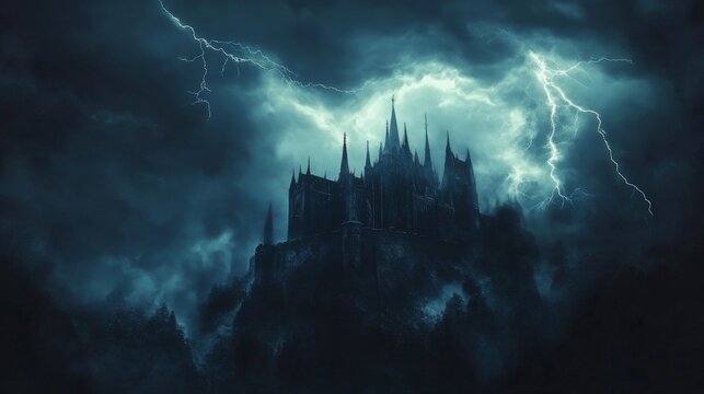 30. A dark, gothic castle with lightning striking in the background, creating a spooky atmosphere