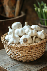 Garlic Bulbs Basket,  A woven basket filled with fresh garlic bulbs resting on a rustic wooden table, showcasing natural textures and earthy colors