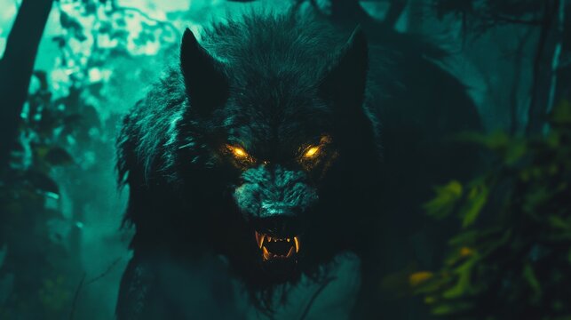 31. A werewolf emerging from the shadows of a dense forest, with glowing eyes and sharp teeth