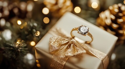 A gold diamond ring placed on a gift box with a ribbon, surrounded by Christmas lights and decorations.