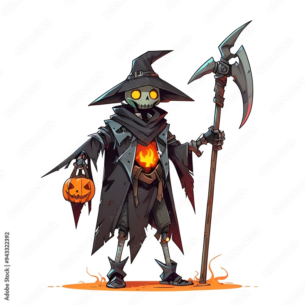 Wall mural Skeleton in a Witch Costume Holding a Pumpkin