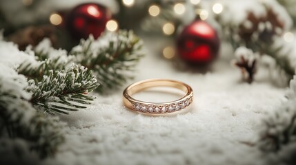 A gold ring adorned with diamonds placed on a snowy surface, with Christmas decorations in the background.